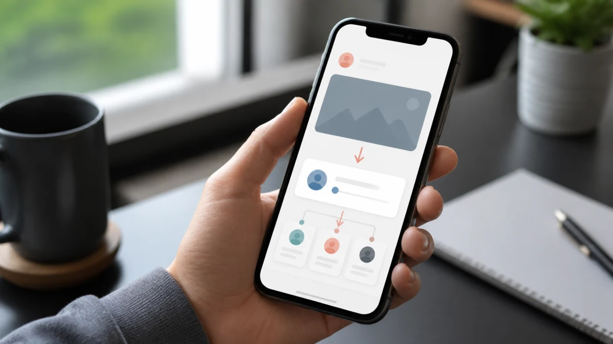 Hand holding a phone with an abstract post-sharing network on the screen