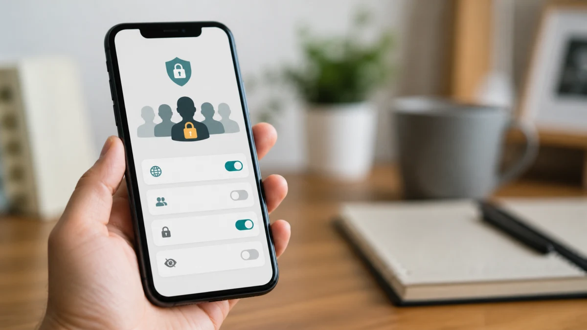 Phone displaying abstract privacy controls for a social-media following list