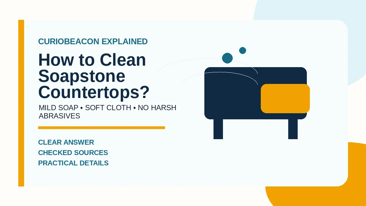 Editorial illustration of a soapstone countertop, soft sponge, and cleaning bubbles.