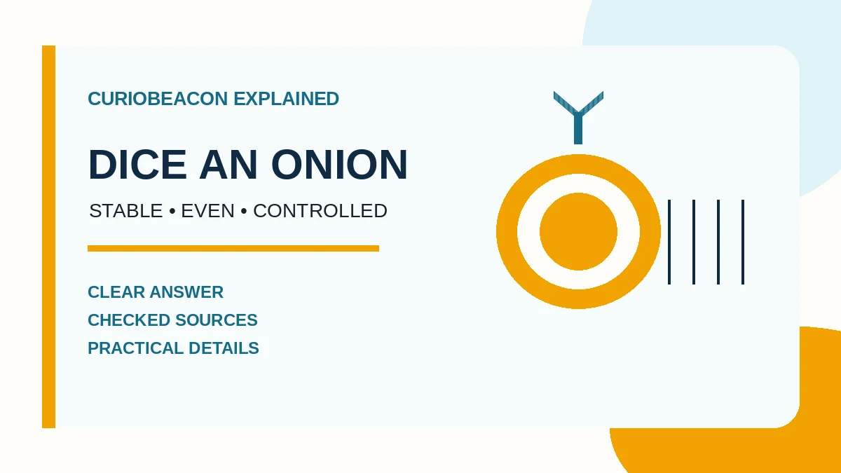 Four-step overhead illustration showing an onion halved, sliced lengthwise, cross-cut, and finished as an even dice