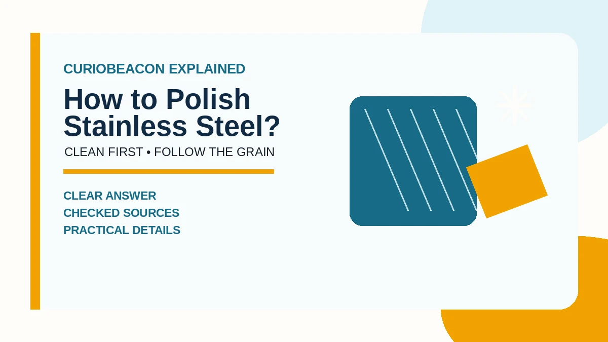 Editorial illustration of a brushed stainless-steel surface, polishing cloth, and shine mark.