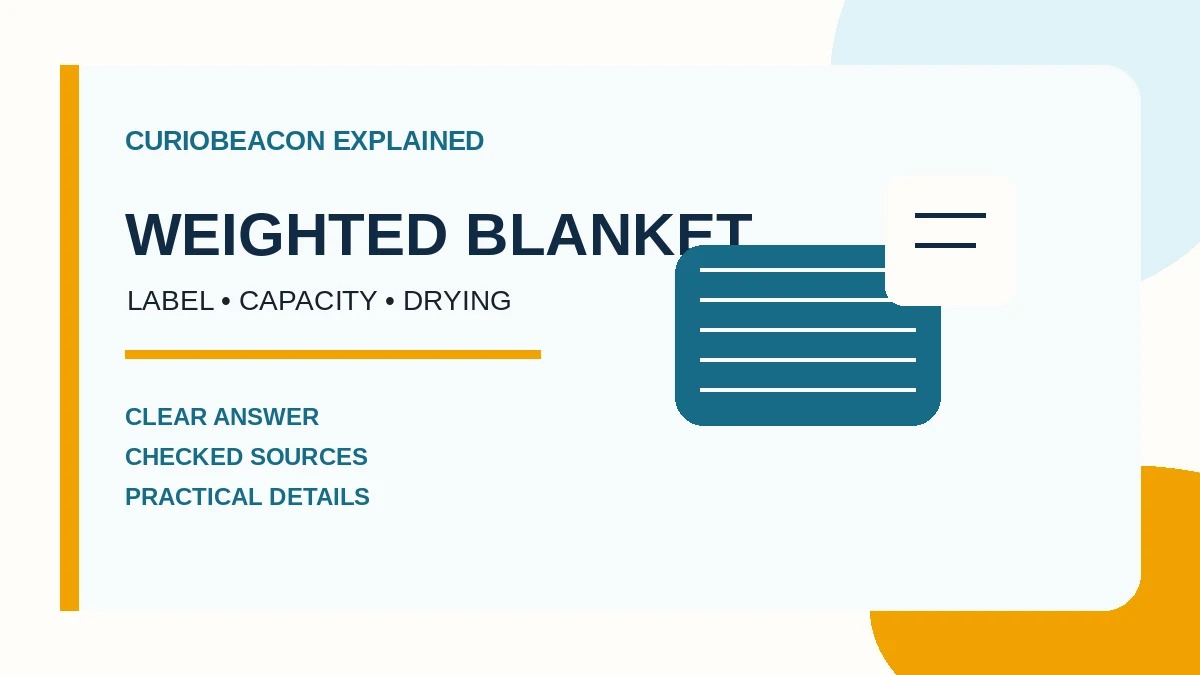 Weighted blanket beside its care label, mild detergent, and a large-capacity washing machine
