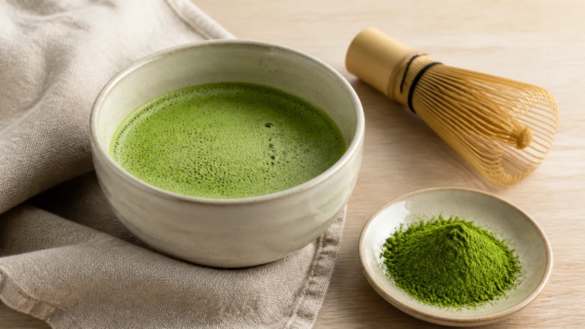 Bowl of whisked green matcha beside matcha powder and a bamboo whisk