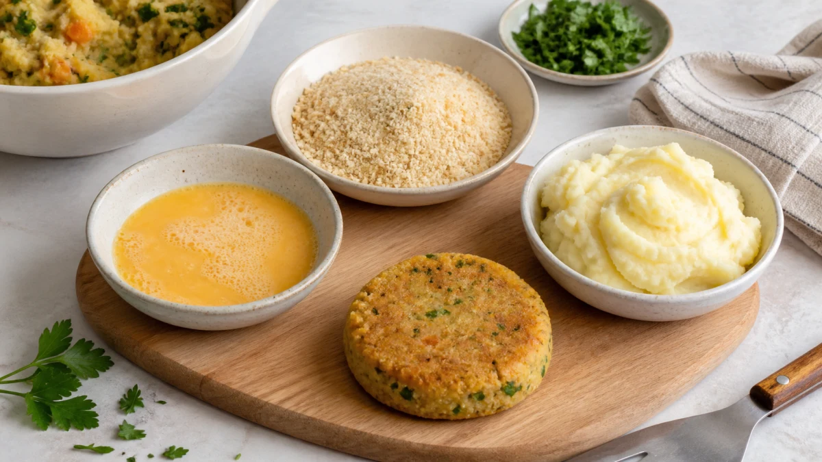 Bowls of beaten egg, breadcrumbs, and mashed potato beside a cooked patty