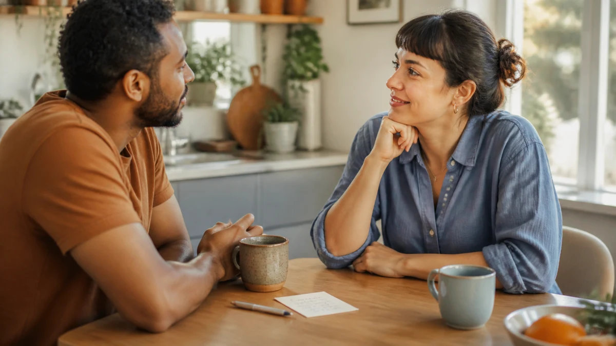 Two people sitting at a kitchen table with two mugs and a notepad