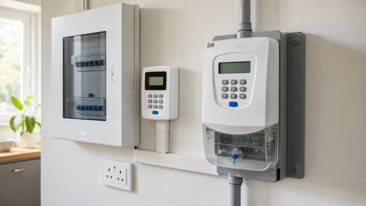 Prepaid electricity meter and keypad mounted beside a household electrical panel