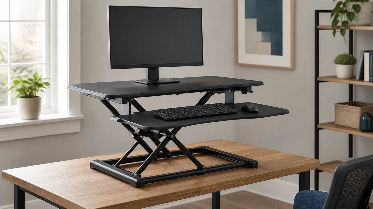 Raised two-tier desktop converter with a monitor, keyboard, and mouse above a fixed wooden desk