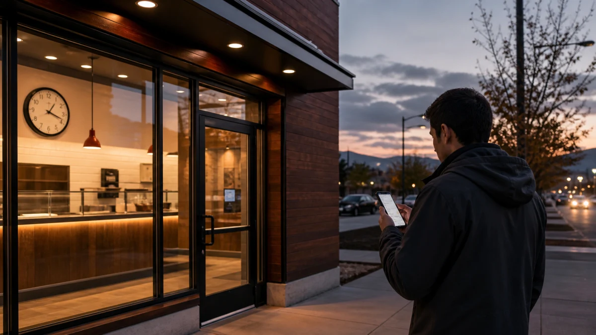 Restaurant storefront at dusk with a clearly visible closing-hours sign near the entrance