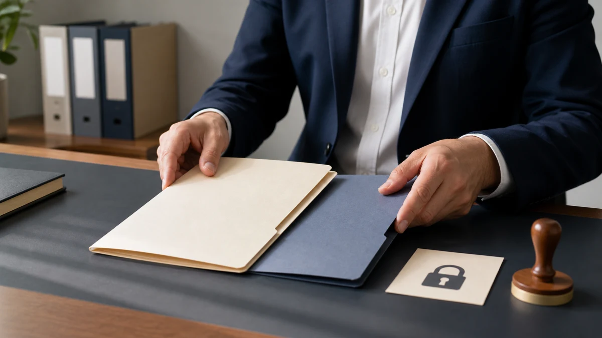 A person at a desk holding a file folder beside a card with a padlock symbol
