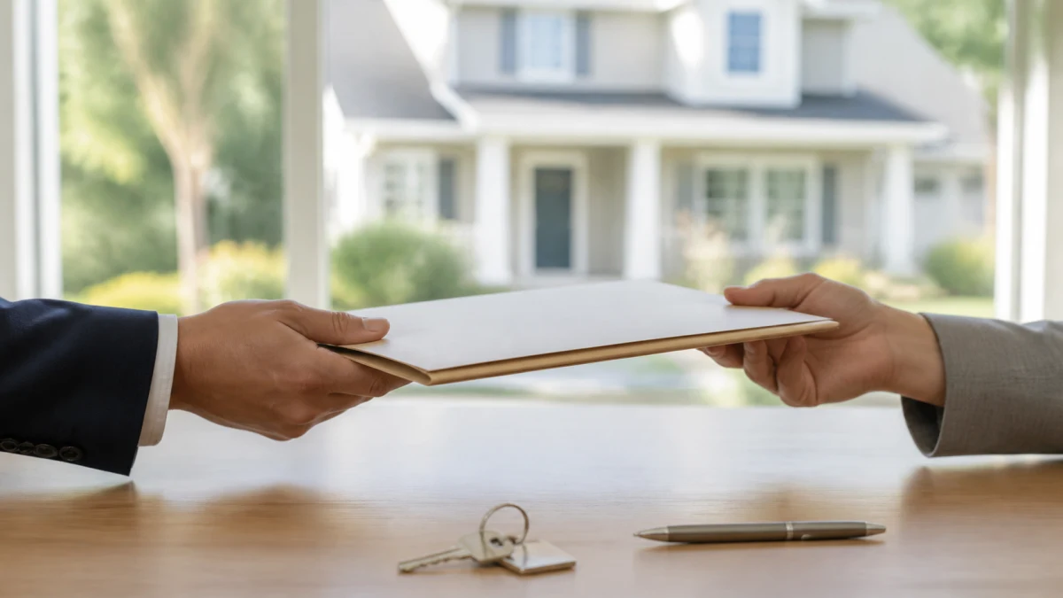 Two people pass a home purchase document across a table with a house in the background