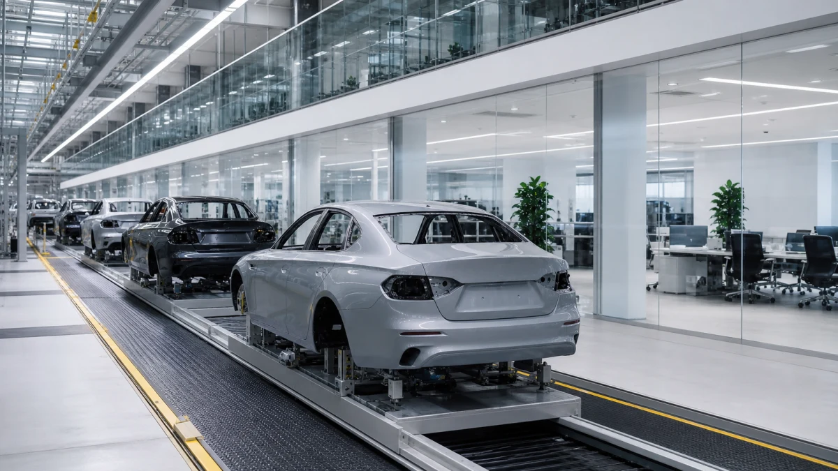 Unfinished car bodies moving through a modern automotive assembly plant